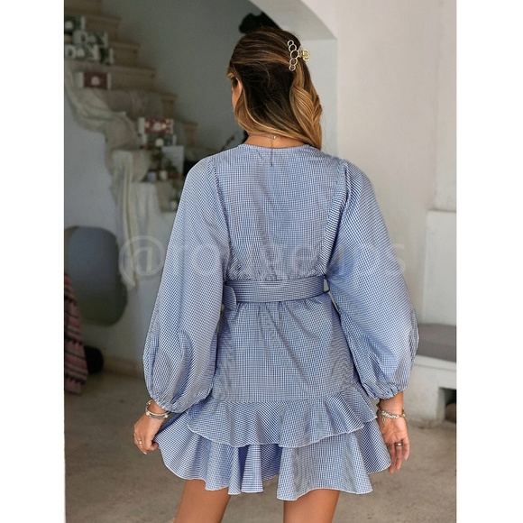 Blue White Gingham Print Belted Ruffle Detail Lantern Sleeve Mini Dress - Picture 4 of 8
